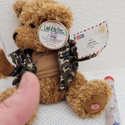 Lot 293: Assorted NEW Patriotic Items - Singing Bear, 4th of July Glow Batons + LED Flag