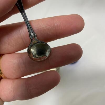 [246] ANTIQUE | Silver Plated Ornate Salt Dip | Cobalt Glass | Sterling Spoon