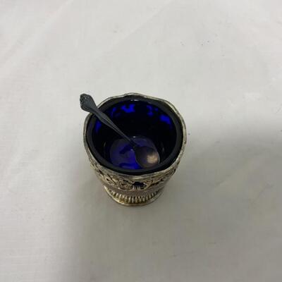 [246] ANTIQUE | Silver Plated Ornate Salt Dip | Cobalt Glass | Sterling Spoon