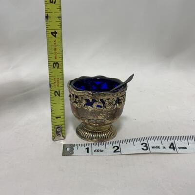 [246] ANTIQUE | Silver Plated Ornate Salt Dip | Cobalt Glass | Sterling Spoon