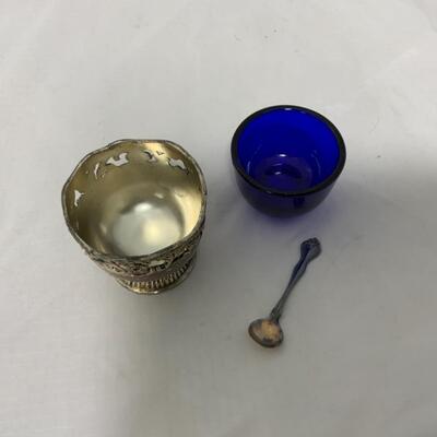 [246] ANTIQUE | Silver Plated Ornate Salt Dip | Cobalt Glass | Sterling Spoon