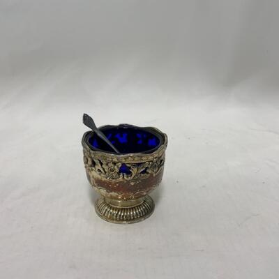 [246] ANTIQUE | Silver Plated Ornate Salt Dip | Cobalt Glass | Sterling Spoon