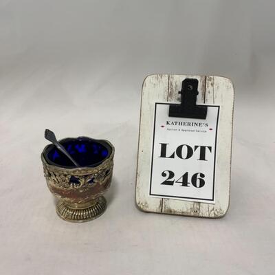 [246] ANTIQUE | Silver Plated Ornate Salt Dip | Cobalt Glass | Sterling Spoon