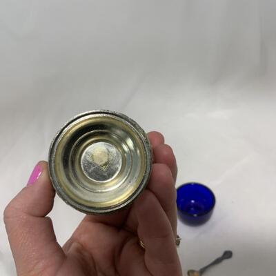[246] ANTIQUE | Silver Plated Ornate Salt Dip | Cobalt Glass | Sterling Spoon