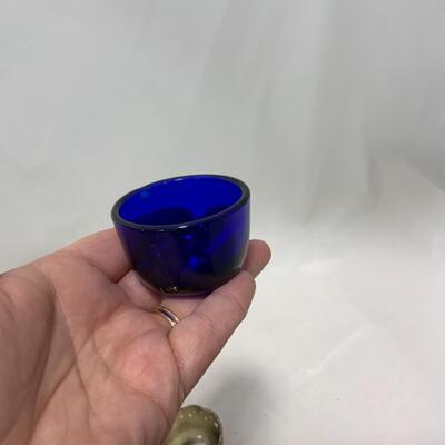 [246] ANTIQUE | Silver Plated Ornate Salt Dip | Cobalt Glass | Sterling Spoon