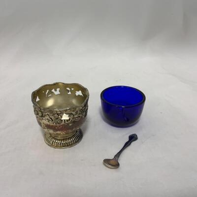 [246] ANTIQUE | Silver Plated Ornate Salt Dip | Cobalt Glass | Sterling Spoon