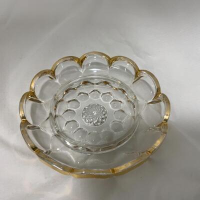 [257] ANTIQUE | Pressed Glass Covered Butter Dish | Gold Accent
