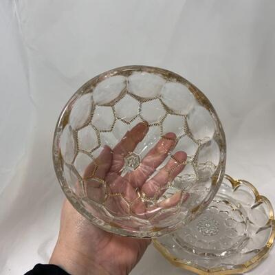 [257] ANTIQUE | Pressed Glass Covered Butter Dish | Gold Accent