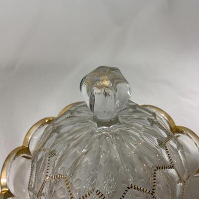 [257] ANTIQUE | Pressed Glass Covered Butter Dish | Gold Accent