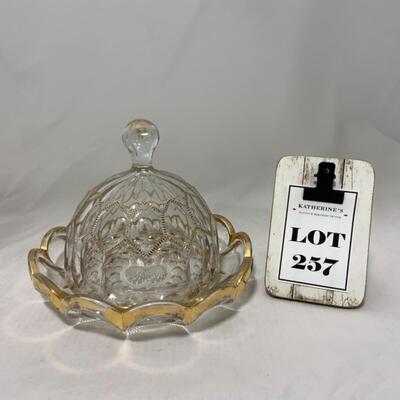 [257] ANTIQUE | Pressed Glass Covered Butter Dish | Gold Accent