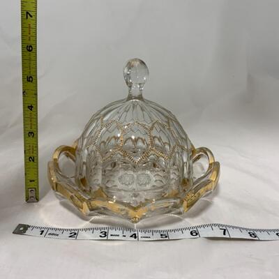 [257] ANTIQUE | Pressed Glass Covered Butter Dish | Gold Accent