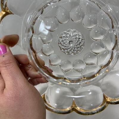 [257] ANTIQUE | Pressed Glass Covered Butter Dish | Gold Accent
