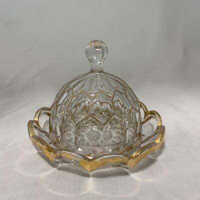 [257] ANTIQUE | Pressed Glass Covered Butter Dish | Gold Accent