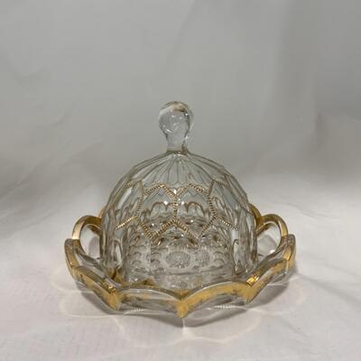 [257] ANTIQUE | Pressed Glass Covered Butter Dish | Gold Accent