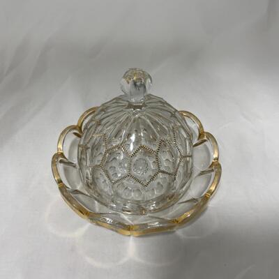 [257] ANTIQUE | Pressed Glass Covered Butter Dish | Gold Accent