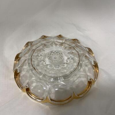 [257] ANTIQUE | Pressed Glass Covered Butter Dish | Gold Accent