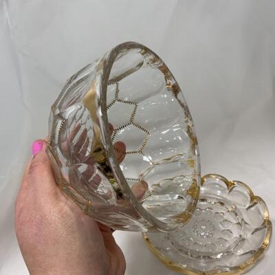 [257] ANTIQUE | Pressed Glass Covered Butter Dish | Gold Accent
