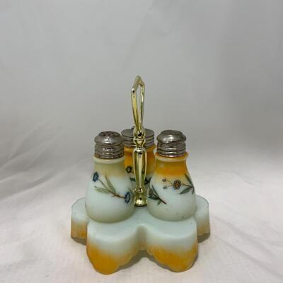 [264] ANTIQUE | Hand Painted | Milk Glass Condiment Set