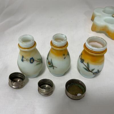 [264] ANTIQUE | Hand Painted | Milk Glass Condiment Set