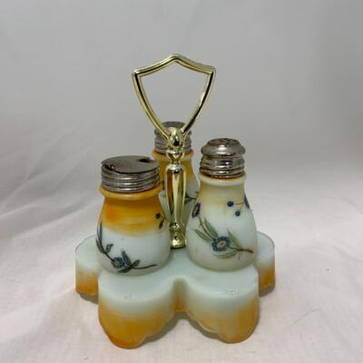 [264] ANTIQUE | Hand Painted | Milk Glass Condiment Set
