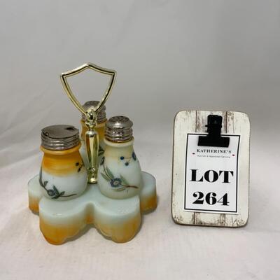 [264] ANTIQUE | Hand Painted | Milk Glass Condiment Set