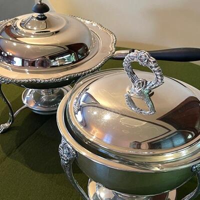 Lot 291 Group of Silver Plate 2 Chaffing Dishes & Covered Serving Divided Dish