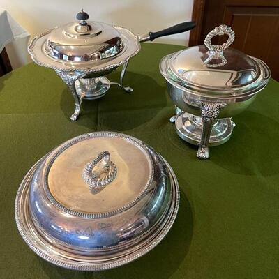 Lot 291 Group of Silver Plate 2 Chaffing Dishes & Covered Serving Divided Dish