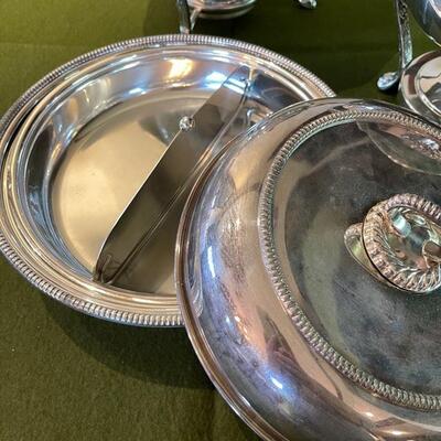 Lot 291 Group of Silver Plate 2 Chaffing Dishes & Covered Serving Divided Dish