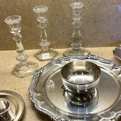 Lot 298  Group of Table Top Silver Plate Serve Ware Crystal Candle Sticks