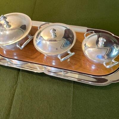 Lot 301  Silver Plate Serving Set Bowls Wood/Silver Plate Tray 