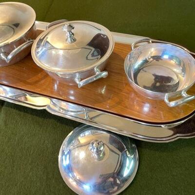 Lot 301  Silver Plate Serving Set Bowls Wood/Silver Plate Tray 