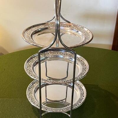 Lot 302  Antique 3 Tier English Silver Plate Cake Stand w/Pierced Trays 