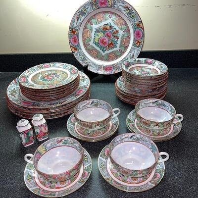 Lot 310 Group Rose Medallion Dinnerware Plates Bowls Cups & Saucers 36 pcs YT Hong Kong 