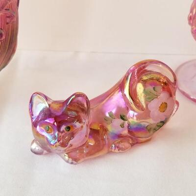 Lot #75  Three Pieces FENTON - Basket, Vase, Cat