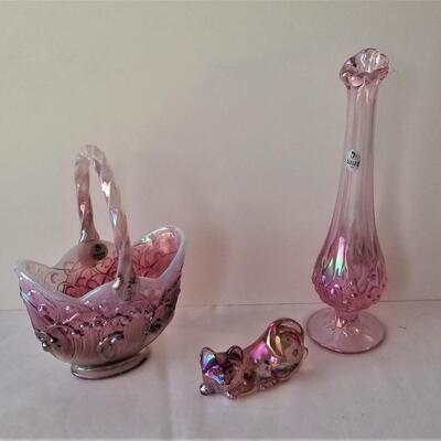 Lot #75  Three Pieces FENTON - Basket, Vase, Cat