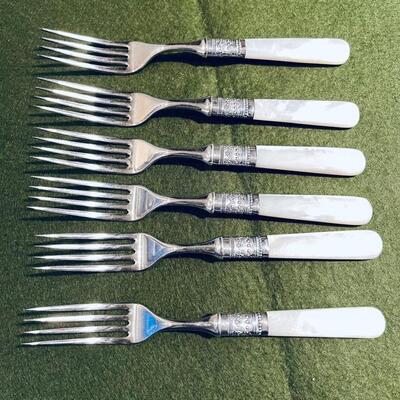 Lot 341 Set of 6 Antique Dinner Forks Mother of Pearl Sterling Band