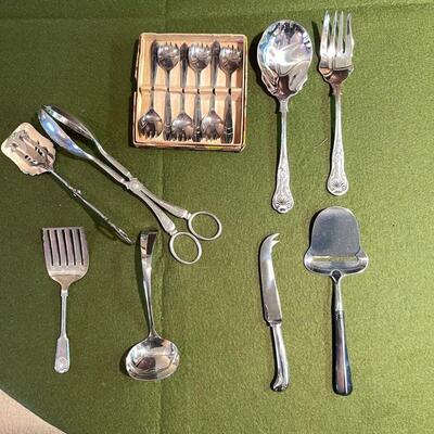Lot 347 Assorted Silver Plate 8 Serving Pieces Fork Spoon Tongs Cheese Ladle