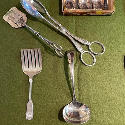 Lot 347 Assorted Silver Plate 8 Serving Pieces Fork Spoon Tongs Cheese Ladle