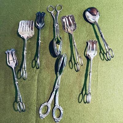 Lot 356 Group 8 Silver Plate Salad & Pastry Tongs
