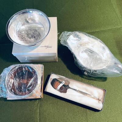 Lot 357 Group 4 Silver Plate Unused Serving Items Bowl Gravy Bottle Coaster Cheese