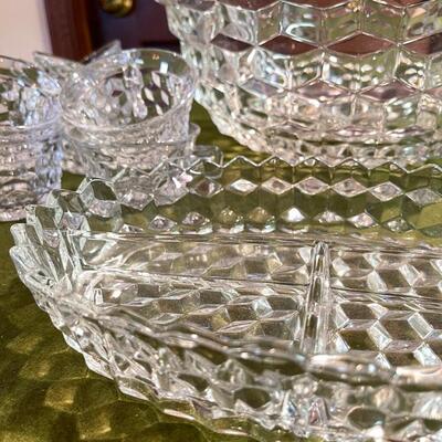 Lot 378 Vintage Fostoria American Pattern Punch Bowl Glasses & Divided Dish.