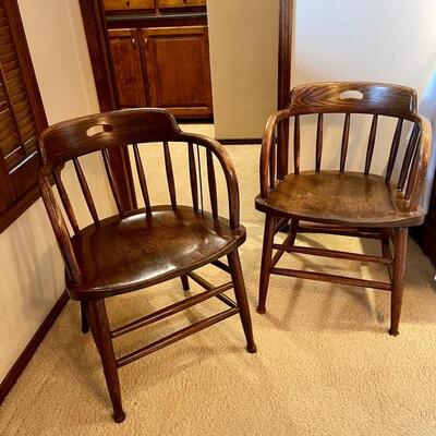 Lot 380  Antique Pair of Oak Captains Chairs 