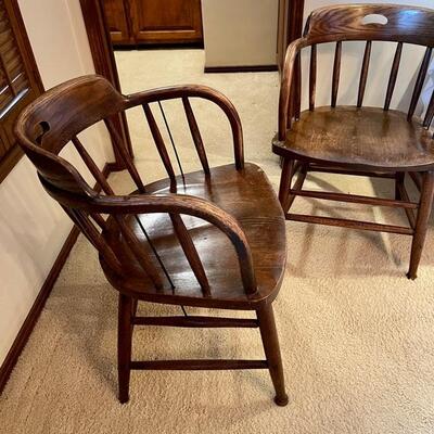 Lot 380  Antique Pair of Oak Captains Chairs 
