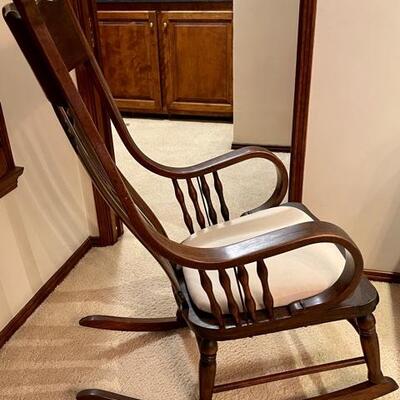 Lot 381 Antique Bentwood Style Rocking Chair w/Upholstered Seat Pad Brass Medallions Spool Arms