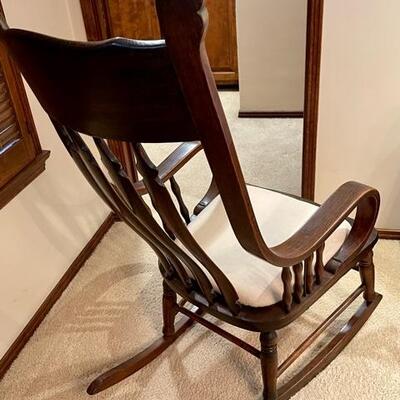 Lot 381 Antique Bentwood Style Rocking Chair w/Upholstered Seat Pad Brass Medallions Spool Arms