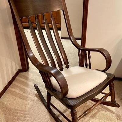 Lot 381 Antique Bentwood Style Rocking Chair w/Upholstered Seat Pad Brass Medallions Spool Arms