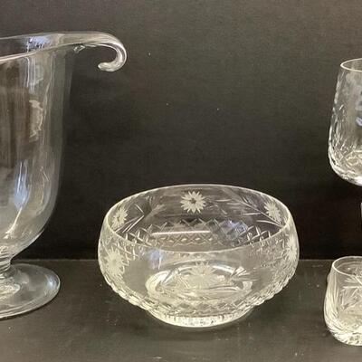 D1201 Pair of Etched Glass Goblets Edinburgh Crystal Footed Bowl Glass Vase and Pressed Glass Toothpick Holder