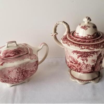 Lot #96  2 Red/Mulberry Transfer Ware Teapots