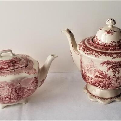 Lot #96  2 Red/Mulberry Transfer Ware Teapots