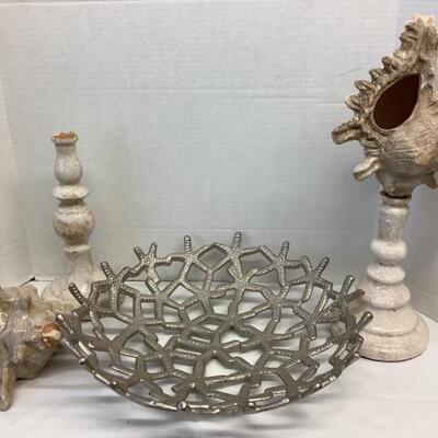 S1210 Pair of Pottery Conch Shell Decorative Pieces and Large Metal Starfish Footed Bowl